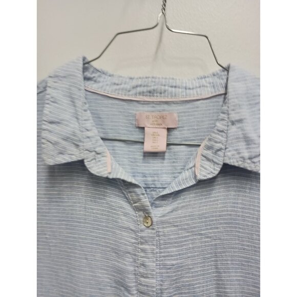St. Tropez West Womens Shirt Size Large Blue Pinstripes Linen Coastal Resort - Picture 2 of 7